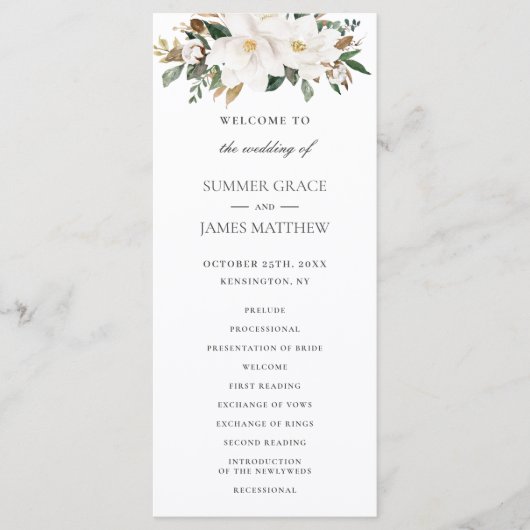 Elegant Ivoor Magnolia Bloemen Groen Bruiloft Programmakaart (Voorkant)