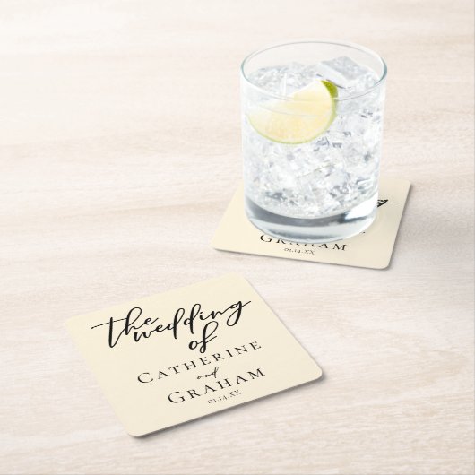 Elegant Ivoor Minimalistisch Bruiloft Gepersonalis Kartonnen Onderzetters (Insitu)