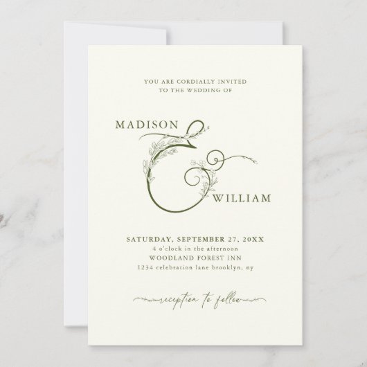 Elegant Ivoor Mos Groen Bloemen Ampersand Bruiloft Kaart (Voorkant)