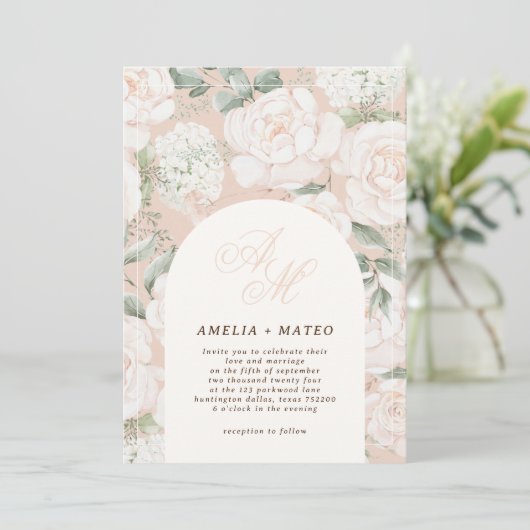 Elegant ivoor Roos Bloemenboog bruiloft monogram Kaart (Staand voorkant)