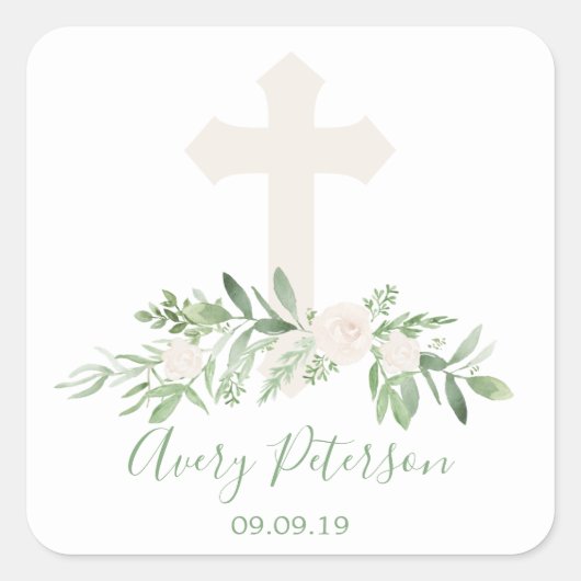 Elegant Ivoor Roos Cross Holy Communie Vierkante Sticker (Voorkant)