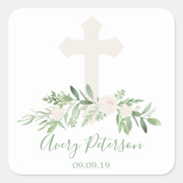 Elegant Ivoor Roos Cross Holy Communie Vierkante Sticker