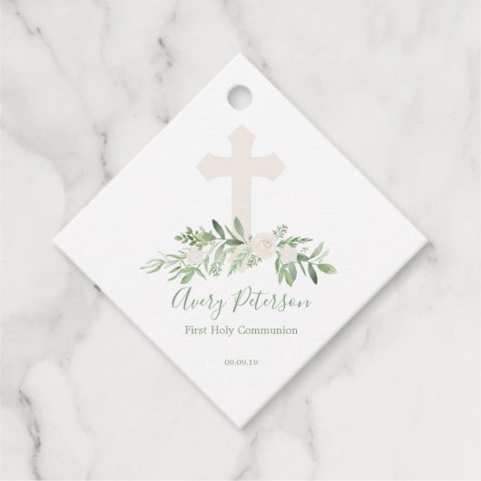 Elegant Ivoor Roos Eerste Heilige Communie Bedankjes Labels (Voorkant)