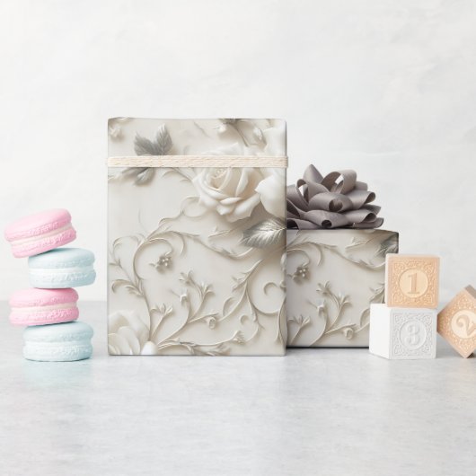 Elegant Ivoor Roos met Silver Floral design Cadeaupapier (Baby Shower)