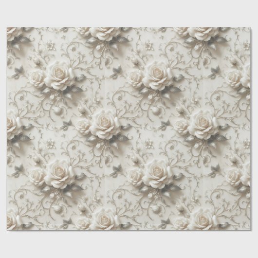 Elegant Ivoor Roos met Silver Floral design Cadeaupapier (Vlak)