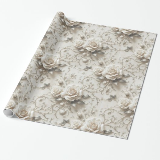 Elegant Ivoor Roos met Silver Floral design Cadeaupapier (Uitgerold)
