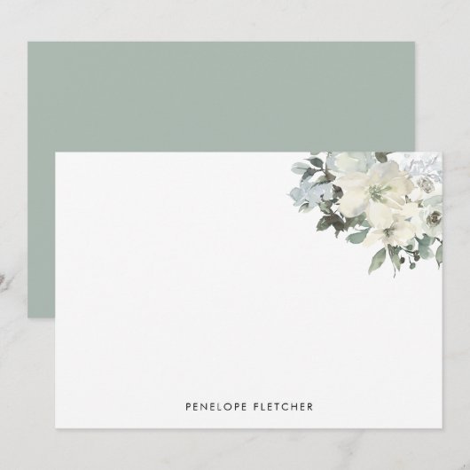 Elegant Ivoor Sage Aquarel Bloemen Notitiekaartje (Voorkant / Achterkant)