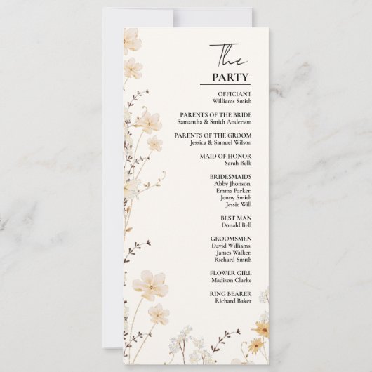 Elegant Ivoor Wildflower Trouwprogramma Kaart (Achterkant)