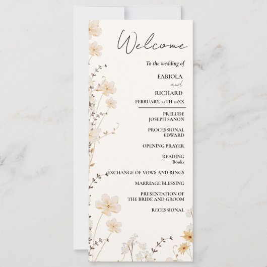 Elegant Ivoor Wildflower Trouwprogramma Kaart (Voorkant)
