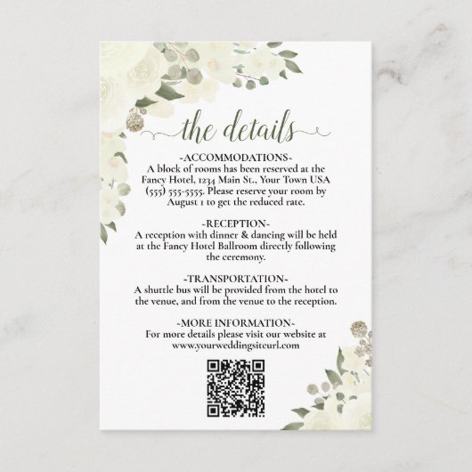 Elegant Ivoor Wit Bloemen Bruiloft Details QR Code Informatiekaartje (Voorkant)