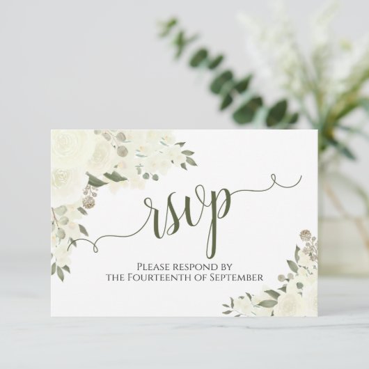 Elegant Ivoor Wit Bloemen Kalligrafie Bruiloft RSVP Kaartje (Staand voorkant)