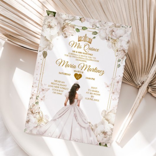 Elegant Ivoor Wit Bloemen Spaans Meisje Mis Quince Kaart