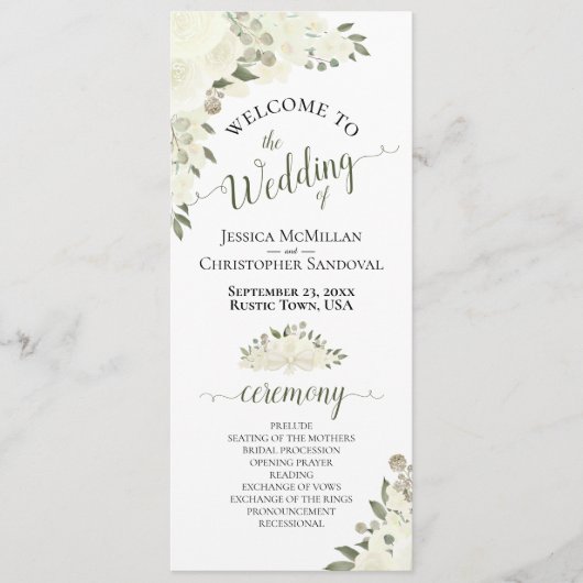 Elegant Ivoor Wit Boho Waterverf Bloemen Bruiloft Programmakaart (Voorkant)