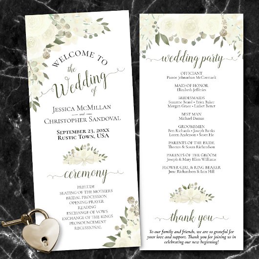 Elegant Ivoor Wit Boho Waterverf Bloemen Bruiloft Programmakaart