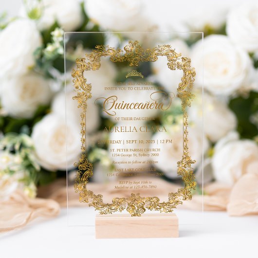  Elegant Ivoor Wit Goud Tiara Quinceanera Acryl Uitnodigingen