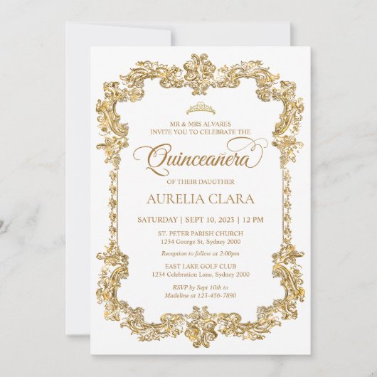  Elegant Ivoor Wit Goud Tiara Quinceanera Kaart (Voorkant)