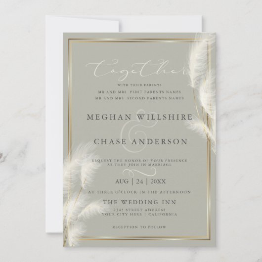 Elegant Ivoor Wit Pampas Grass Bord Sage 2 Kaart (Voorkant)