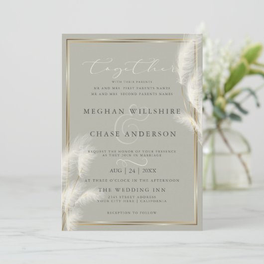 Elegant Ivoor Wit Pampas Grass Bord Sage 2 Kaart (Staand voorkant)