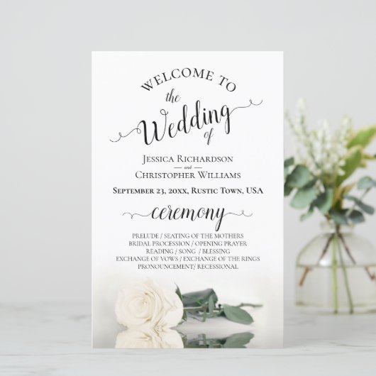 Elegant Ivoor Wit Rose Budget Huwelijksprogramma (Staand voorkant)