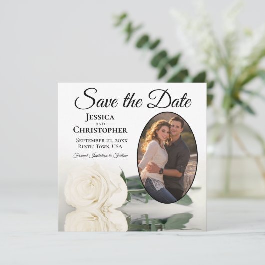 Elegant Ivoor Wit Rose met Ovaal Foto Bruiloft Save The Date (Staand voorkant)