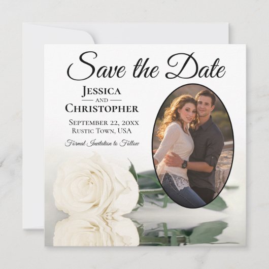 Elegant Ivoor Wit Rose met Ovaal Foto Bruiloft Save The Date (Voorkant)