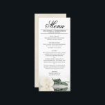 Elegant Ivoor Wit Rose met Reflecties Bruiloft Menu<br><div class="desc">Dit prachtige menu zal wat stijl toevoegen aan uw huwelijksreceptie. Het heeft een mooi en romantisch ontwerp met een enkel ivoor, wit of crèmekleurig roos dat op zijn kant ligt en reflecteert in een plas water met golven en rimpelingen. Er is ruimte voor de namen van het paar en de...</div>