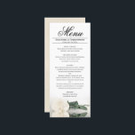 Elegant Ivoor Wit Rose met Reflecties Bruiloft Menu<br><div class="desc">Dit prachtige menu zal wat stijl toevoegen aan uw huwelijksreceptie. Het heeft een mooi en romantisch ontwerp met een enkel ivoor, wit of crèmekleurig roos dat op zijn kant ligt en reflecteert in een plas water met golven en rimpelingen. Er is ruimte voor de namen van het paar en de...</div>