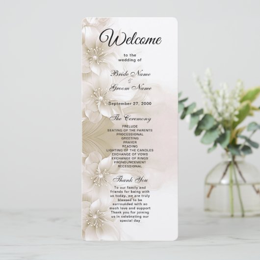 Elegant Ivoor Witte Bloemen Huwelijksprogramma Programmakaart (Staand voorkant)