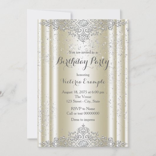 Elegant ivoor zilveren glitter verjaardagsfeestje kaart (Voorkant)