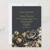 Elegant ivoor zwart goud pioen bloemenbruiloft kaart (Voorkant)