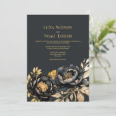 Elegant ivoor zwart goud pioen bloemenbruiloft kaart (Staand voorkant)