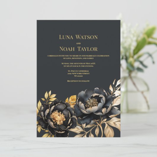 Elegant ivoor zwart goud pioen bloemenbruiloft kaart (Staand voorkant)