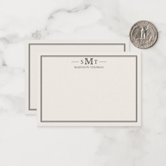 Elegant ivoorminimalistisch monogram met drie lett notitiekaartje (Voorkant / Achterkant in situ)
