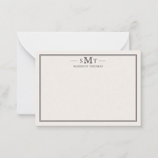 Elegant ivoorminimalistisch monogram met drie lett notitiekaartje (Voorkant)