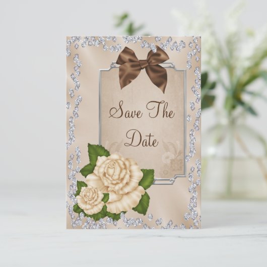 Elegant ivoren Rozen & Bows 60th Save the Date (Staand voorkant)