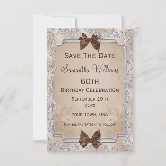 Elegant ivoren Rozen & Bows 60th Save the Date (Achterkant)