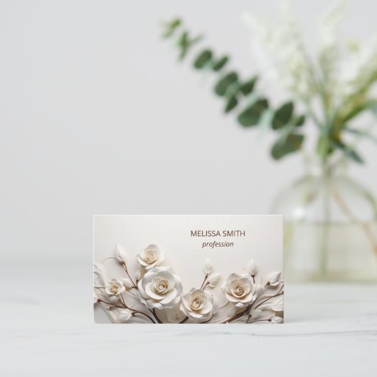 Elegant Ivory 3D Roses Visitekaartje (Staand voorkant)