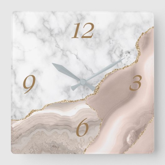 Elegant Ivory Agate Gold Glitter Marble Square Vierkante Klok (Voorkant)