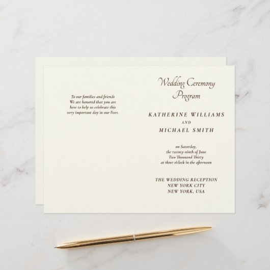 Elegant Ivory And Cream Minimal Wedding Programs (Voorkant / Achterkant in situ)
