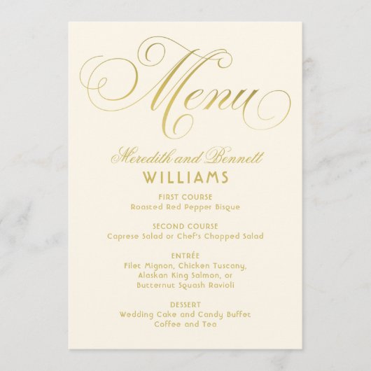 Elegant Ivory and Gold Calligraphy Script Wedding Menu (Voorkant)