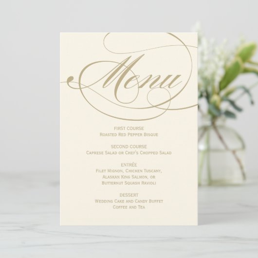 Elegant Ivory and Gold Calligraphy Wedding Menu (Staand voorkant)