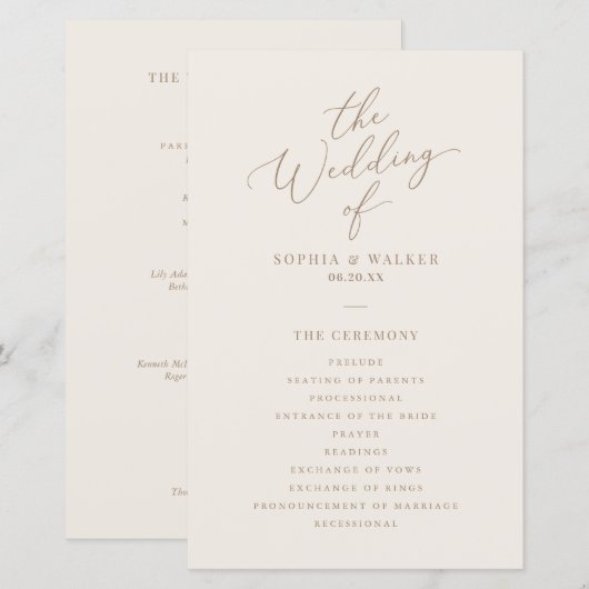 Elegant Ivory and Gold Calligraphy Wedding Program (Voorkant / Achterkant)
