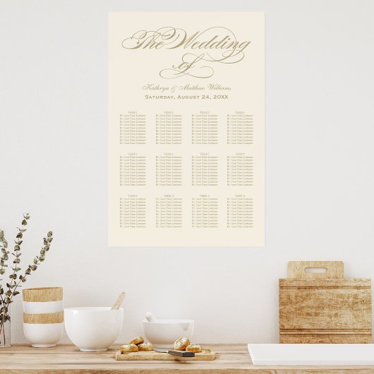 Elegant Ivory and Gold Calligraphy Wedding Seating Poster (Keuken)