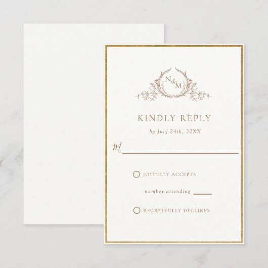 Elegant Ivory and Gold Monogram Wedding RSVP Kaartje (Voorkant / Achterkant)