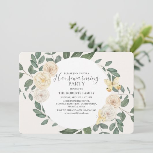 Elegant Ivory and Green Housewarming Party Kaart (Staand voorkant)