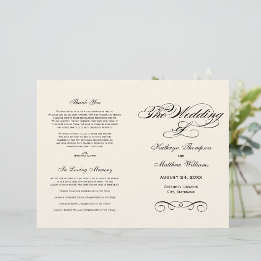 Elegant Ivory Black Calligraphy Wedding Programs (Staand voorkant)