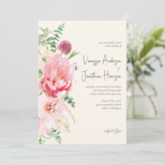 Elegant Ivory Blush Pink Floral Script Kaart (Staand voorkant)