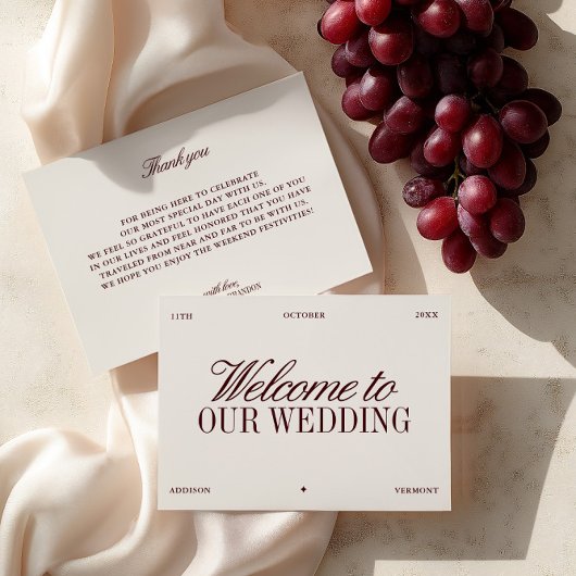 Elegant Ivory & Burgundy Wedding Welcome Card Kaart
