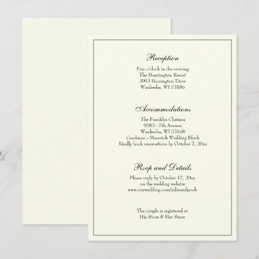 Elegant Ivory Classic Wedding Reception Kaart (Voorkant / Achterkant)