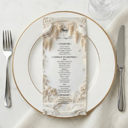 Elegant Ivory Cream Faux Sculpted Fine Art Menu